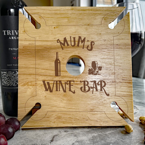 Mum's Wine Bar Personalised Gift Wooden 4 Wine Glass & Bottle Holder