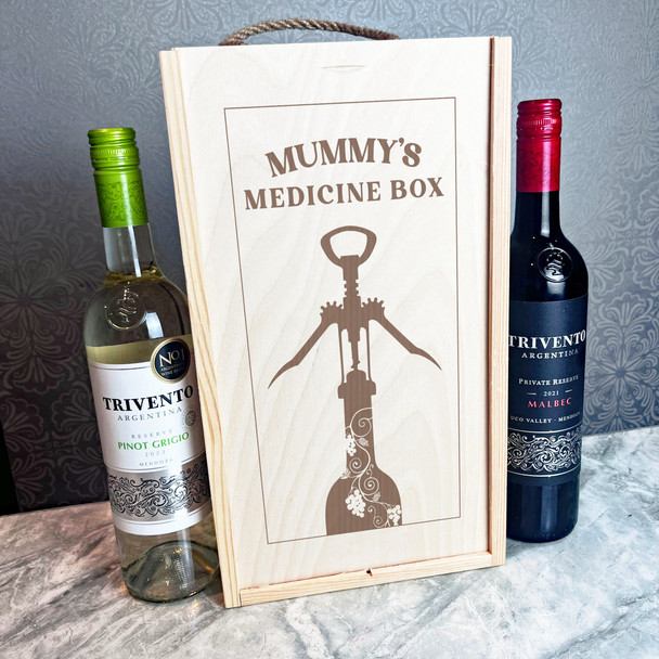 Mummy's Medicine Box Wine Opener Personalised Rope Wooden Double Wine Bottle Box