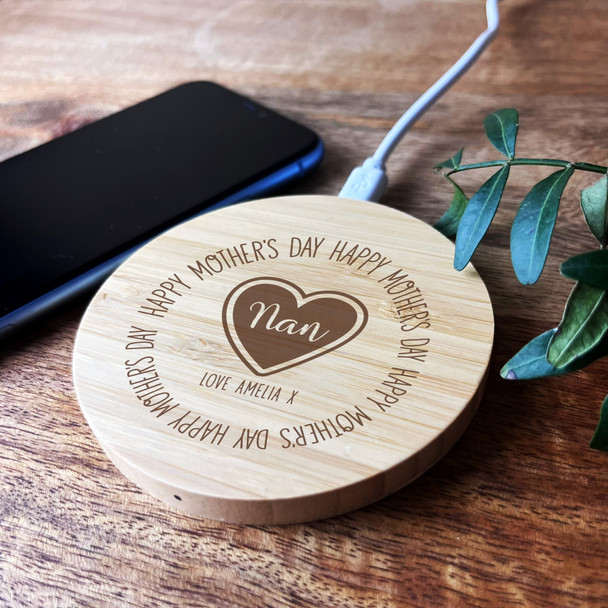 Nan Happy Mother's Day Heart Personalised Round Wireless Desk Pad Phone Charger