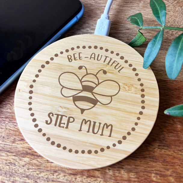 Bee Happy Step Mum Personalised Gift Round Wireless Desk Pad Phone Charger