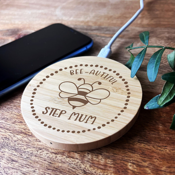 Bee Happy Step Mum Personalised Gift Round Wireless Desk Pad Phone Charger