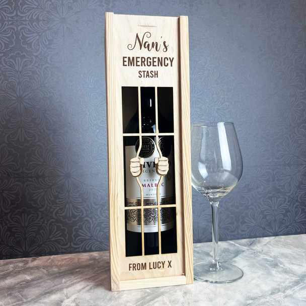 Nan's Emergency Stash Prison Bars Wine Personalised Rope Single Wine Bottle Box