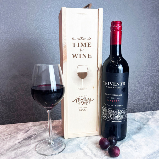 Time For Wine Mother's Day Personalised Gift Rope Wooden Single Wine Bottle Box