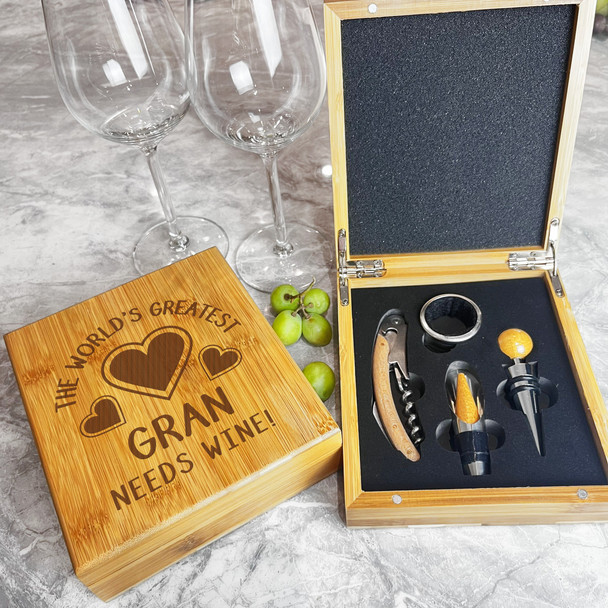 The Worlds Greatest Gran Needs Wine Personalised Wine Accessories Gift Box Set
