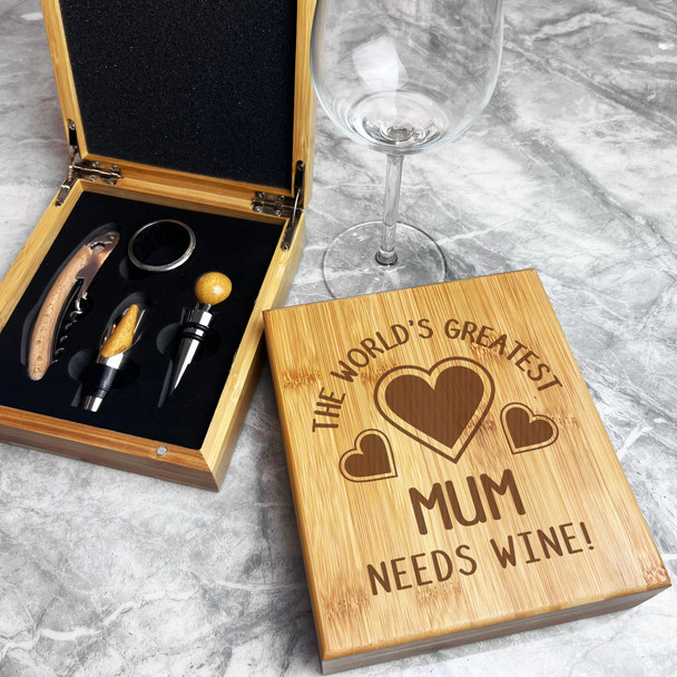 The Worlds Greatest Mum Needs Wine Personalised Wine Accessories Gift Box Set