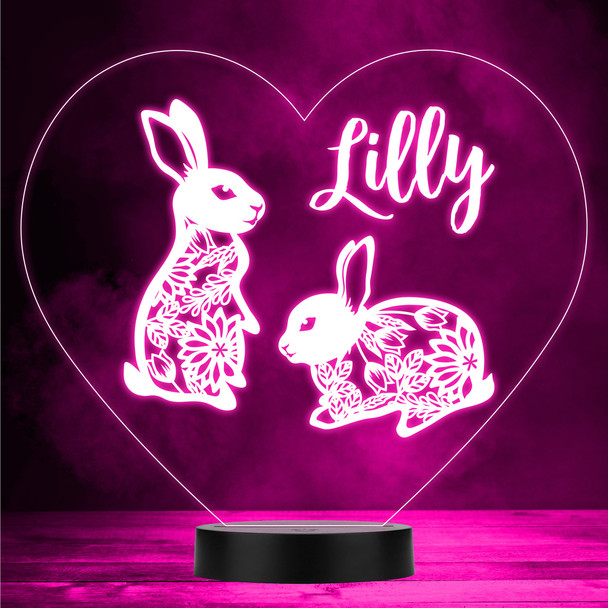Silhouette Of Floral Rabbits Heart Led Lamp Personalised Gift Night Light