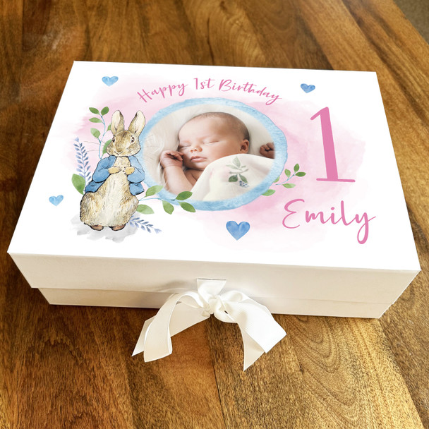 1st One Pink Photo Peter Rabbit Personalised Keepsake Birthday Gift Box