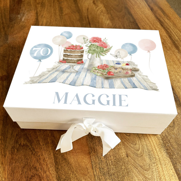 Picnic Balloons & Cake Blue Any Age 70th Personalised Keepsake Birthday Gift Box