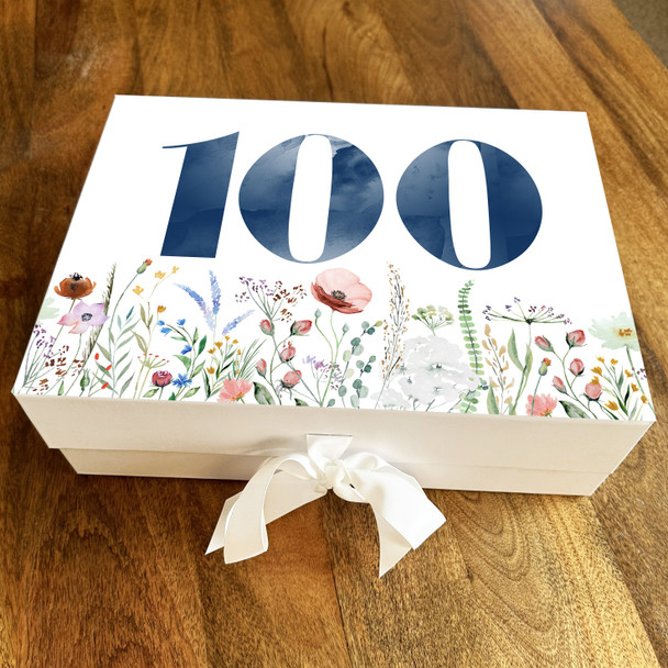 Poppy Fields Floral Navy Any Age 100th Personalised Keepsake Birthday Gift Box