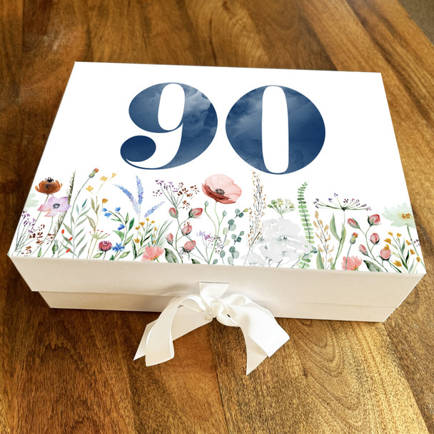 Poppy Fields Floral Navy Any Age 90th Personalised Keepsake Birthday Gift Box
