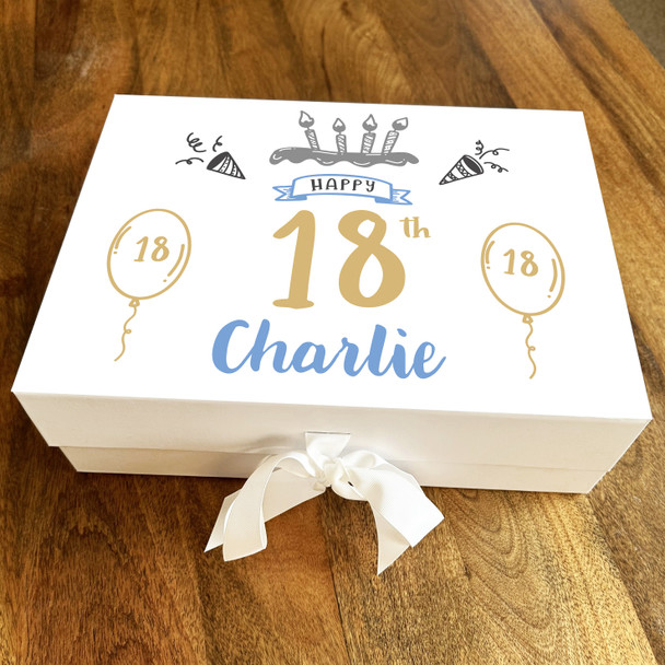 Cake Gold Blue Balloons Any Age 18th Personalised Keepsake Birthday Gift Box