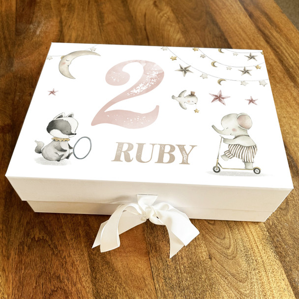 Baby Kids Animals Stars Neautral & Peach Age Personalised Birthday Gift Box
