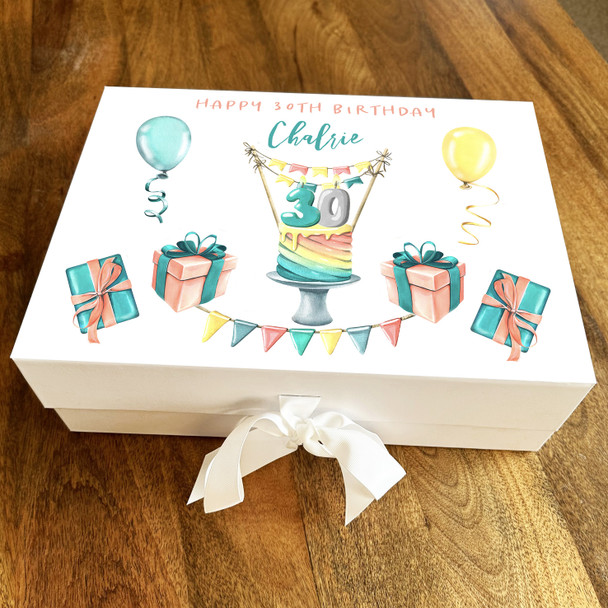 Cake Bunting Party Peach & Teal Any Age 30th Personalised Birthday Gift Box