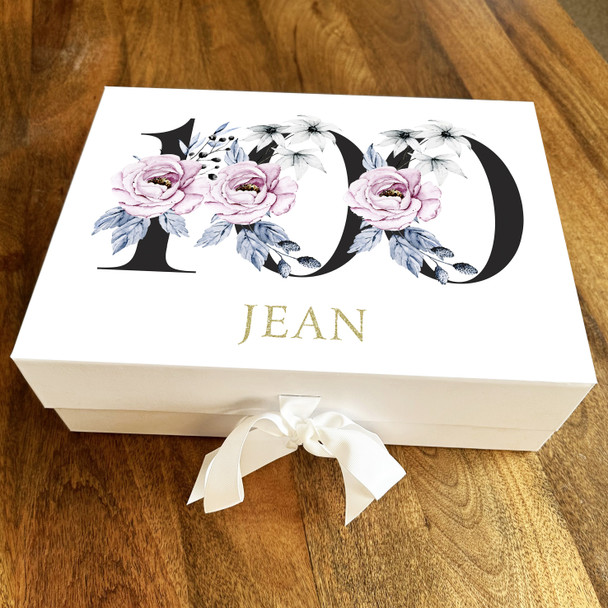 Gold Purple & Baby Blue Floral Any Age 100th Personalised Birthday Gift Box