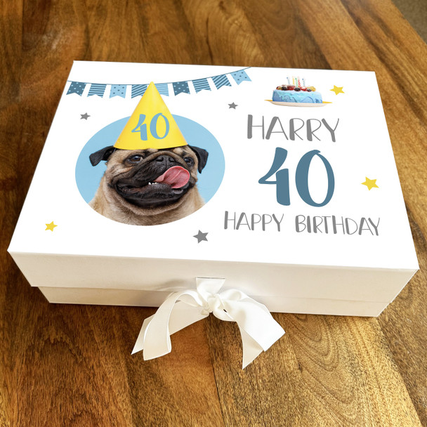 Pug Dog Party Cake Blue Age Bunting Personalised Keepsake Birthday Gift Box