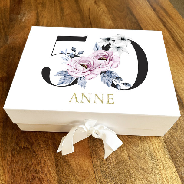 Gold Purple & Baby Blue Floral Any Age 50th Personalised Birthday Gift Box