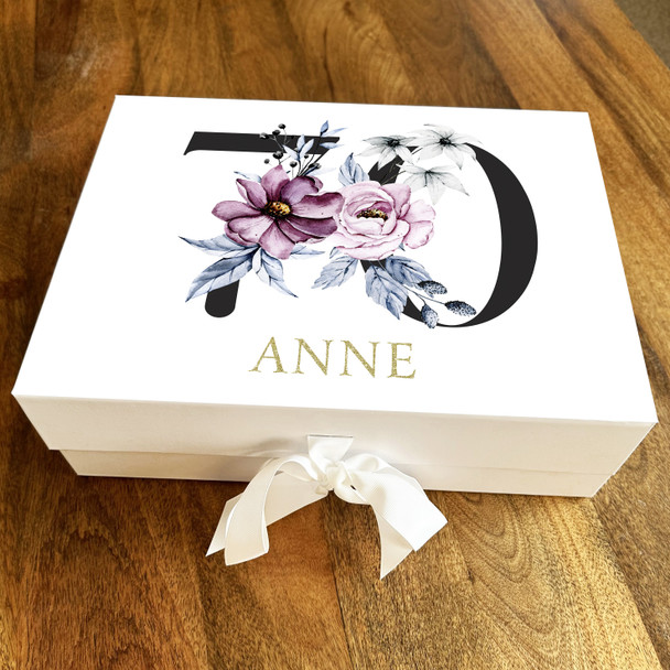 Gold Purple & Baby Blue Floral Any Age 70th Personalised Birthday Gift Box