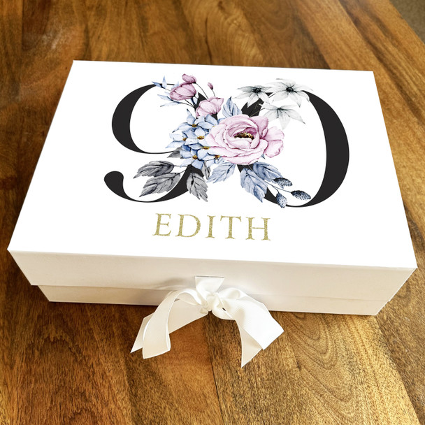 Gold Purple & Baby Blue Floral Any Age 90th Personalised Birthday Gift Box