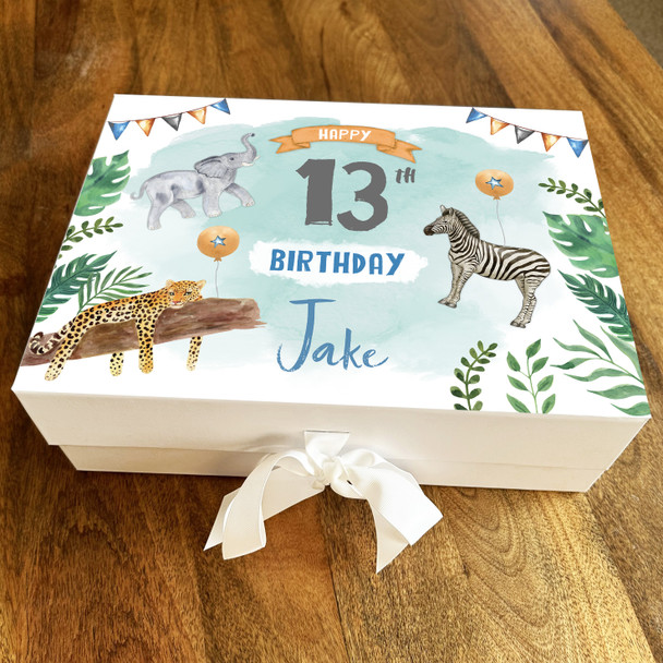 Jungle Animals Elephant Zebra Leopard Age Personalised Birthday Gift Box