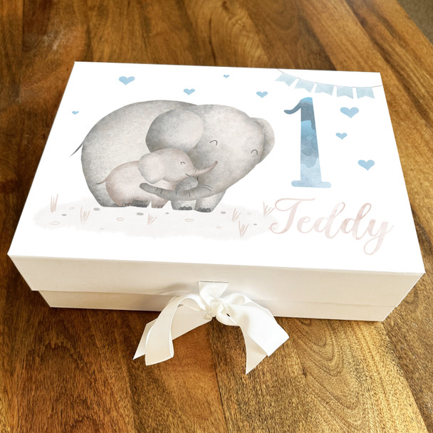 Elephant Hearts Blue Bunting Baby Any Age Personalised Birthday Gift Box