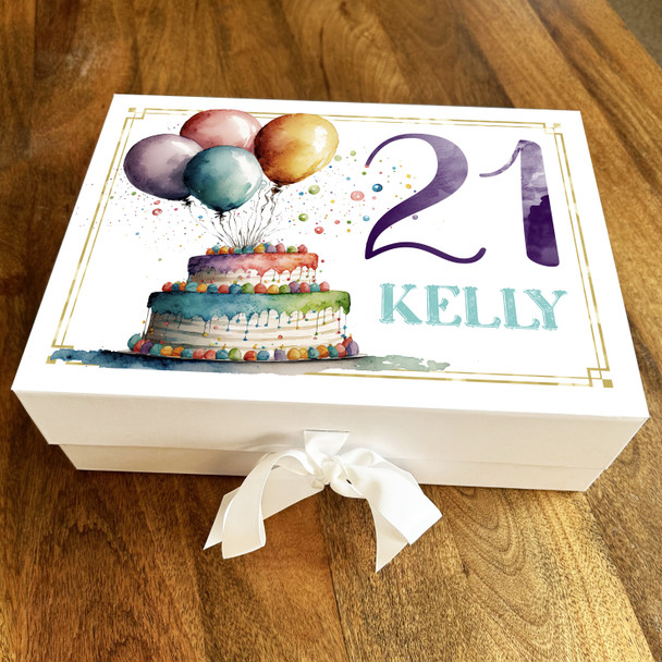 Watercolour Bright Cake Any Age Personalised Keepsake Birthday Gift Box