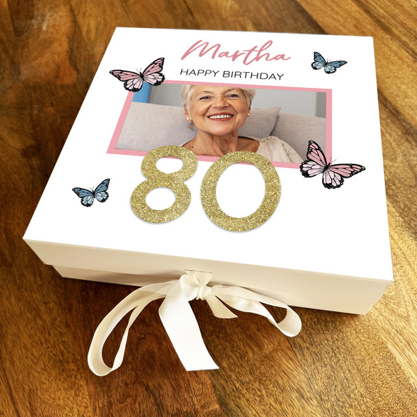 Butterfly Pink Photo Any Age 80th Square Personalised Keepsake Birthday Gift Box
