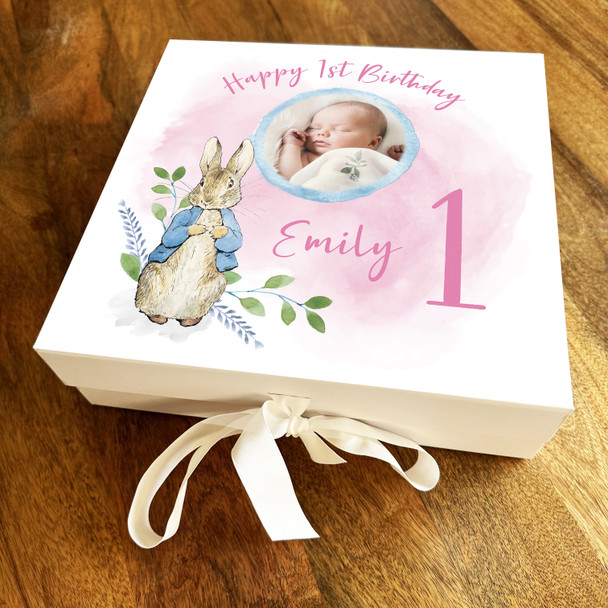 1st One Pink Photo Peter Rabbit Square Personalised Keepsake Birthday Gift Box