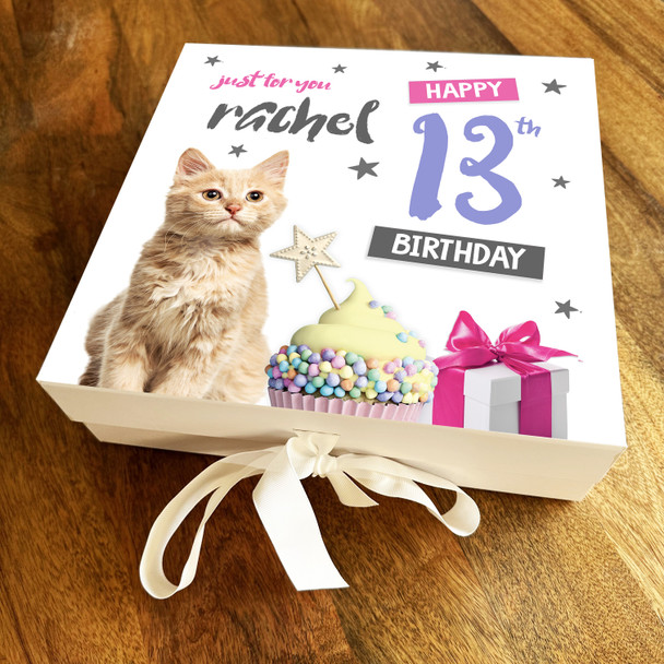 Ginger Cat Cupcake Pink Any Age Square Personalised Keepsake Birthday Gift Box