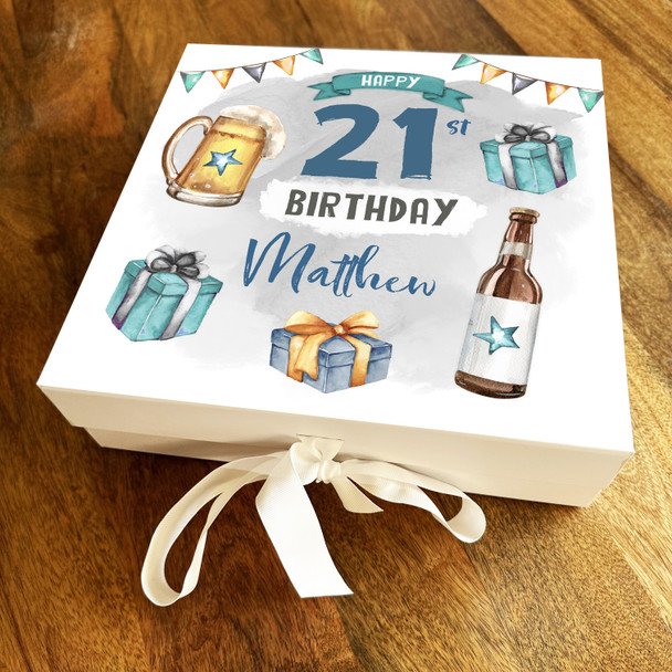 Beer Blue Teal Cheers Gift Any Age 21st Square Personalised Birthday Gift Box