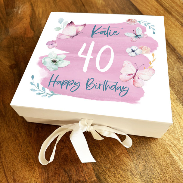 Pink Butterfly Flowers Any Age Square Personalised Keepsake Birthday Gift Box