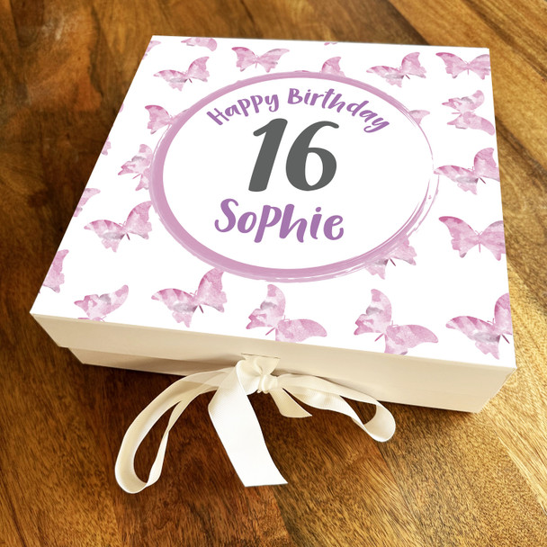Butterflies Pink Any Age 16th Square Personalised Keepsake Birthday Gift Box