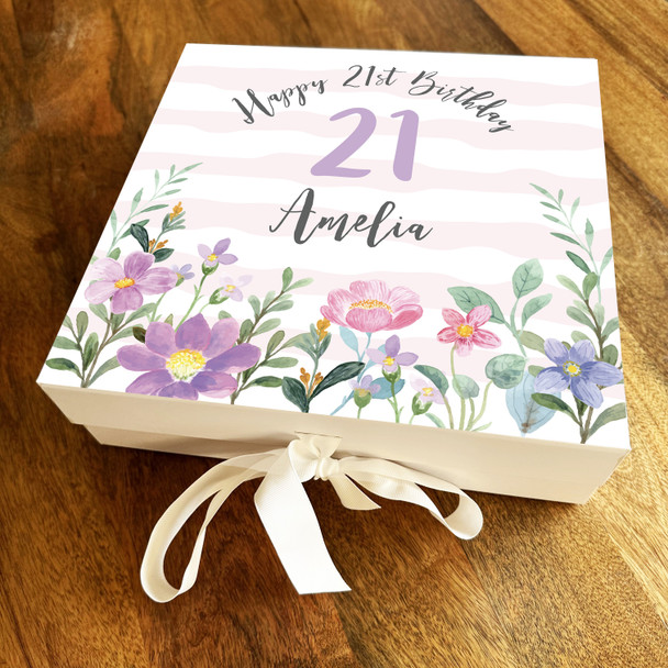 Flower Floral Pink Any Age 21st Purple Square Personalised Birthday Gift Box