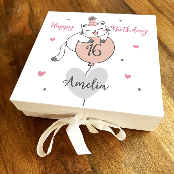 Cat Balloon Hearts Pink Any Age 16th Square Personalised Birthday Gift Box