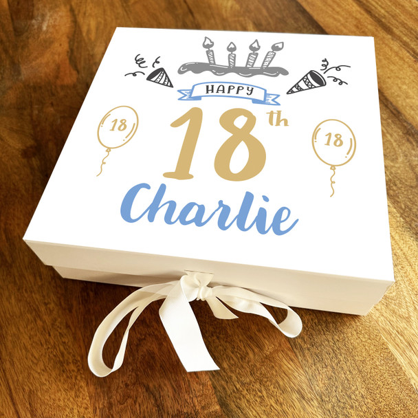 Cake Gold Blue Balloons Any Age 18th Square Personalised Birthday Gift Box