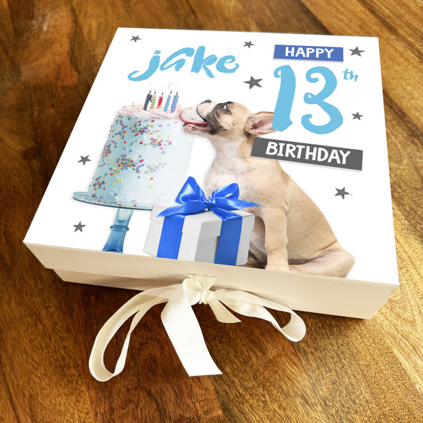 French Bulldog Dog Eating Cake Age Square Personalised Birthday Gift Box