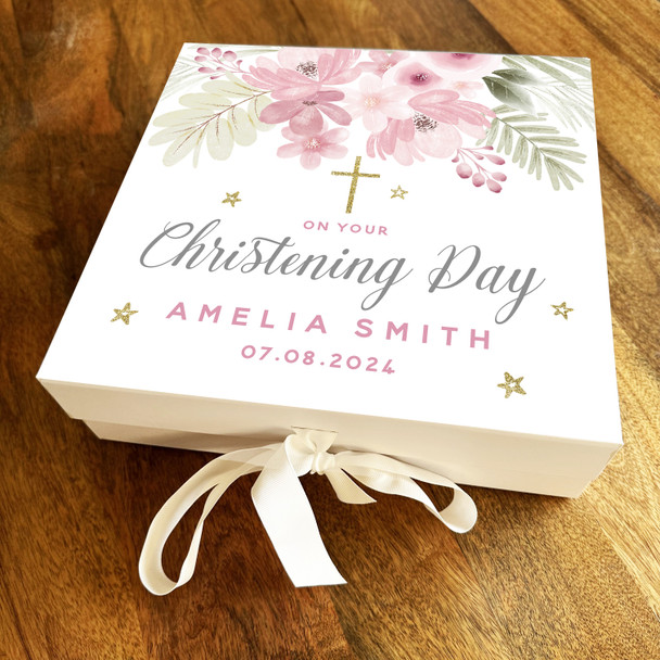 Christening Special Day Girl Pink Flowers Details Square Keepsake Box