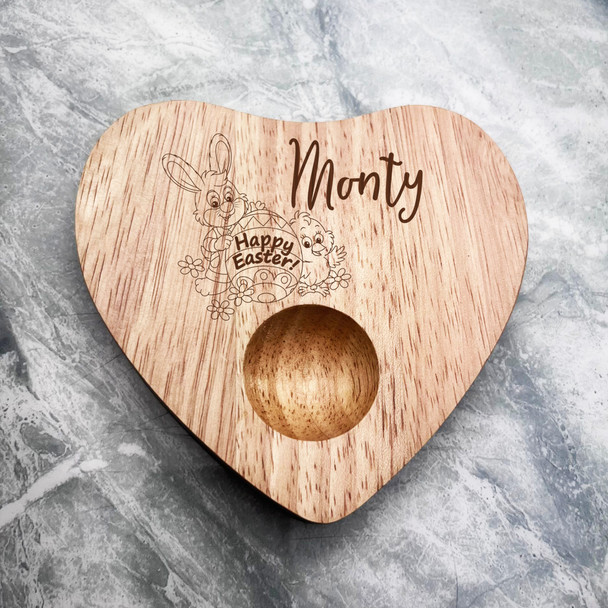 Easter Bunny And Chick Personalised Gift Heart Shaped Breakfast Egg Holder Board