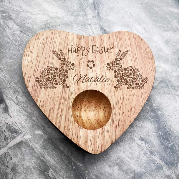 Floral Bunnies Easter Personalised Gift Heart Shaped Breakfast Egg Holder Board