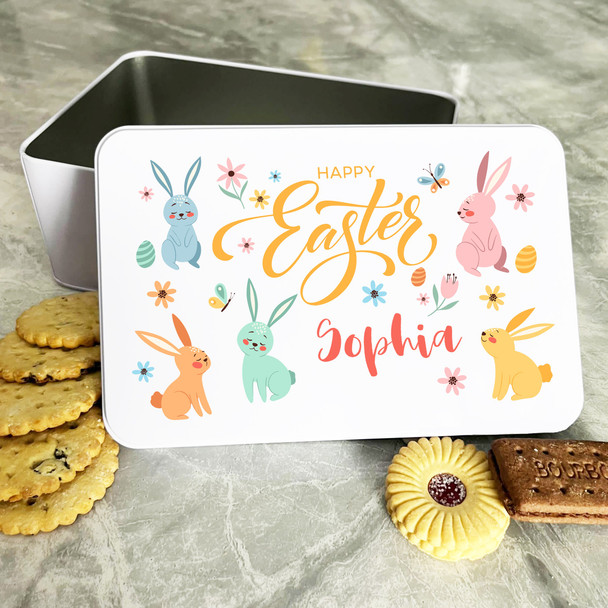 Colourful Happy Easter Bunnies Personalised Gift Cake Biscuits Sweets Treat Tin