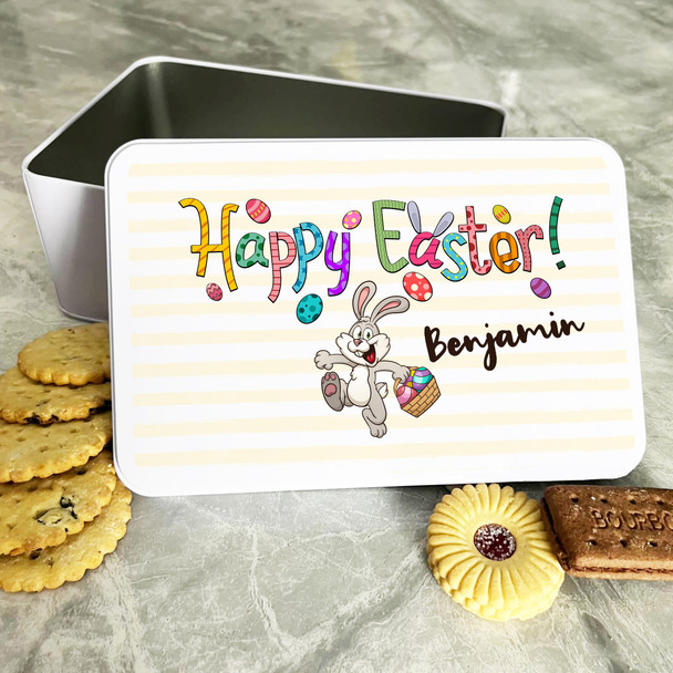 Colourful Happy Easter Smiling Bunny Personalised Gift Biscuit Sweets Treat Tin