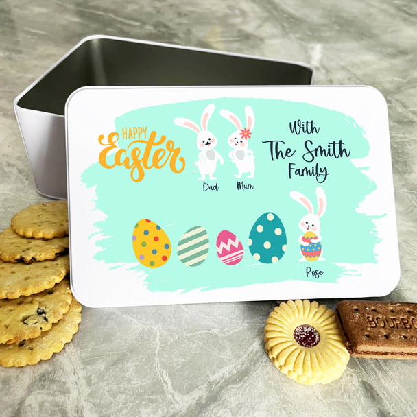 Cute Bunny Family & Easter Eggs Personalised Gift Cake Biscuits Sweets Treat Tin