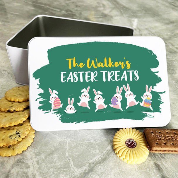 Cute White Jumping Easter Bunnies Personalised Gift Biscuit Sweets Treat Tin