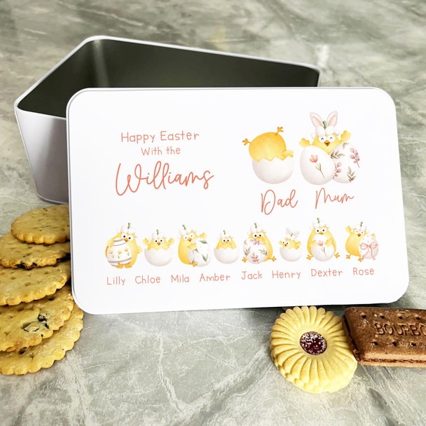 Easter Chicks Family Personalised Gift Cake Biscuits Sweets Treat Tin