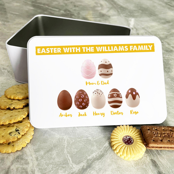 Easter Chocolate Eggs Family Personalised Gift Cake Biscuits Sweets Treat Tin