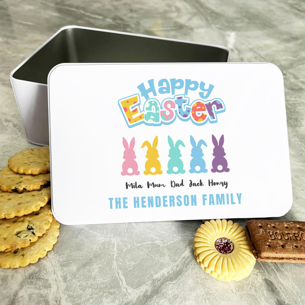 Easter Colourful Bunny Family Personalised Gift Cake Biscuits Sweets Treat Tin
