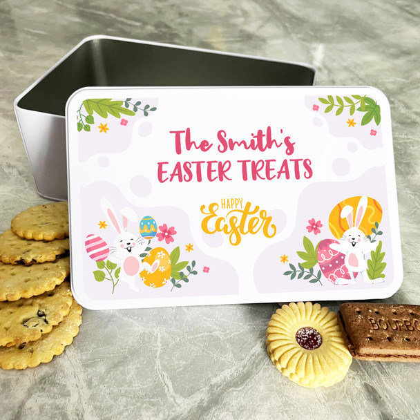 Bright Floral Easter Happy Bunnies Personalised Gift Biscuit Sweets Treat Tin