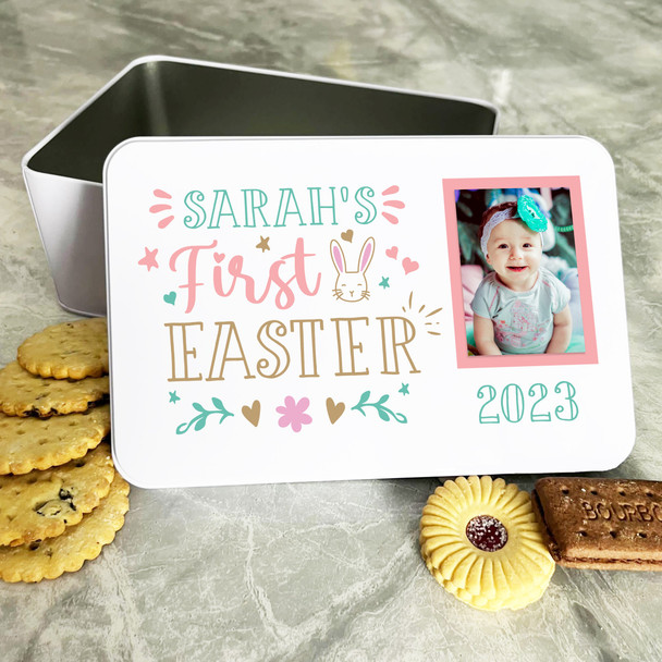 First Easter Pink Baby Girl Photo Personalised Gift Biscuit Sweets Treat Tin