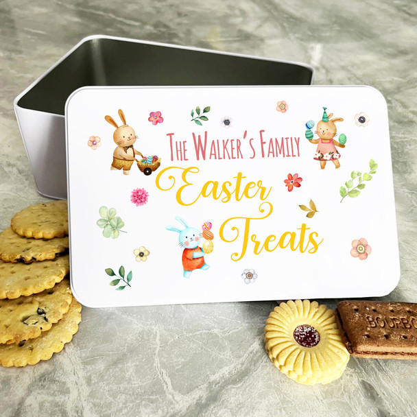 Floral Cute Easter Bunnies Personalised Gift Cake Biscuits Sweets Treat Tin