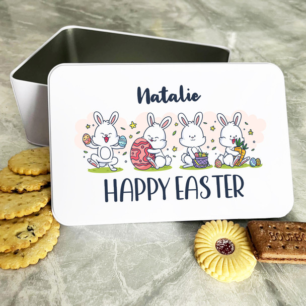 Happy Cute Easter Bunnies Personalised Gift Cake Biscuits Sweets Treat Tin