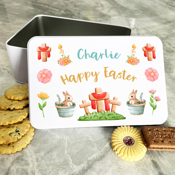 Happy Easter Cross Bunny Flowers Personalised Gift Biscuit Sweets Treat Tin